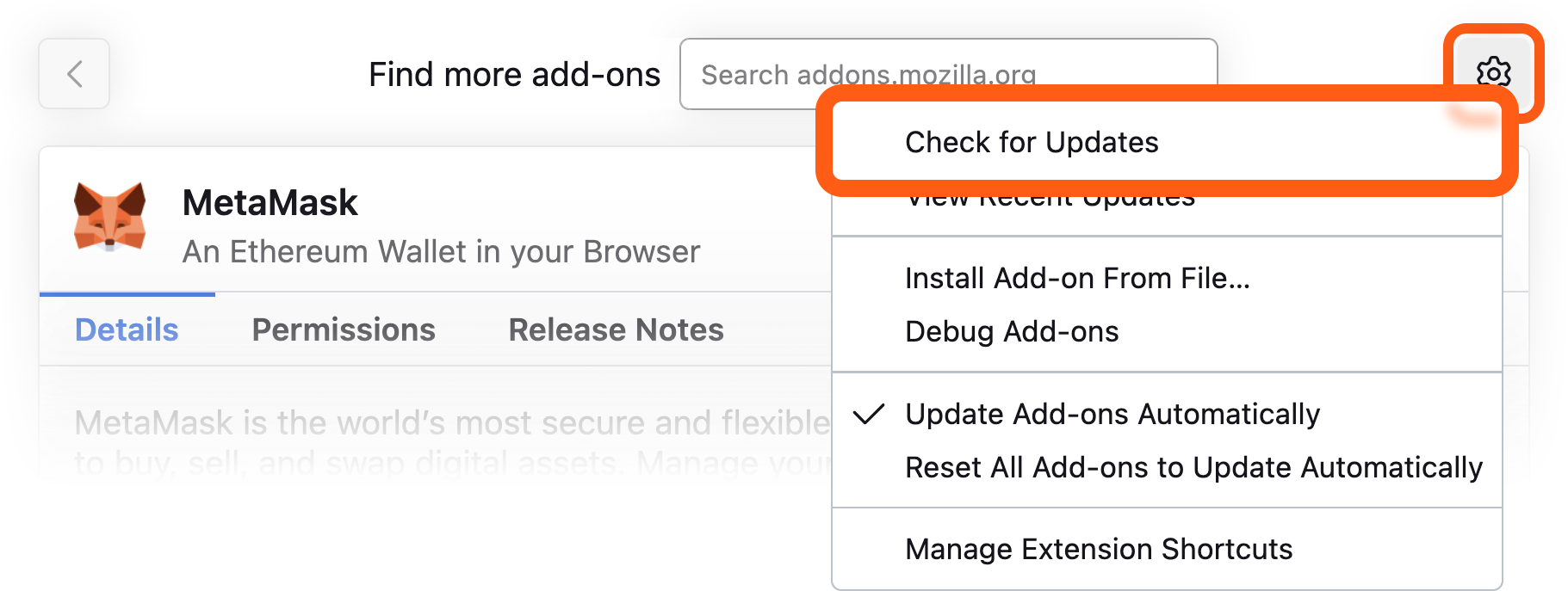 Firefox MetaMask extension update button
