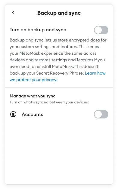 MetaMask locate backup and sync settings